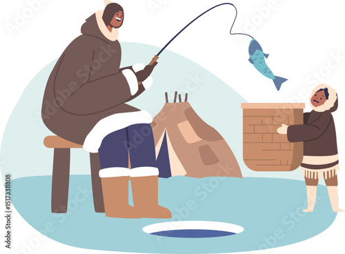 Eskimos family fishing vector illustration