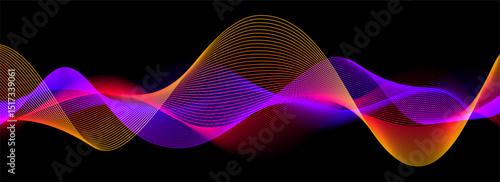 Neon sound wave on black background. Abstract flowing wavy lines design for ai concept, eq equalizer, audio record, voice assistant. Blue pink purple gradient curve stripe wallpaper. Vector