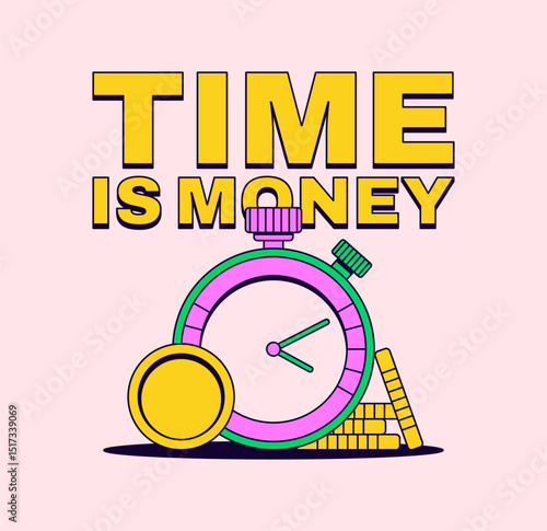 Colorful flat vector illustration of a stopwatch with coins and the phrase “Time is Money.” Represents efficiency, time management, productivity, and business value of time.