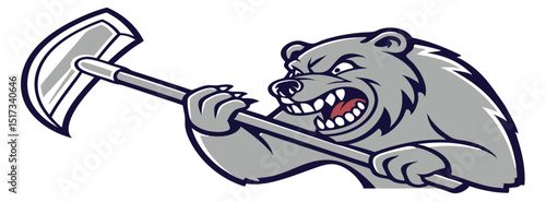Fierce grizzly bear mascot holding a large agricultural scythe ready to harvest
