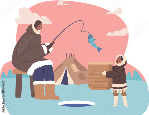 Eskimo family catching fish vector illustration