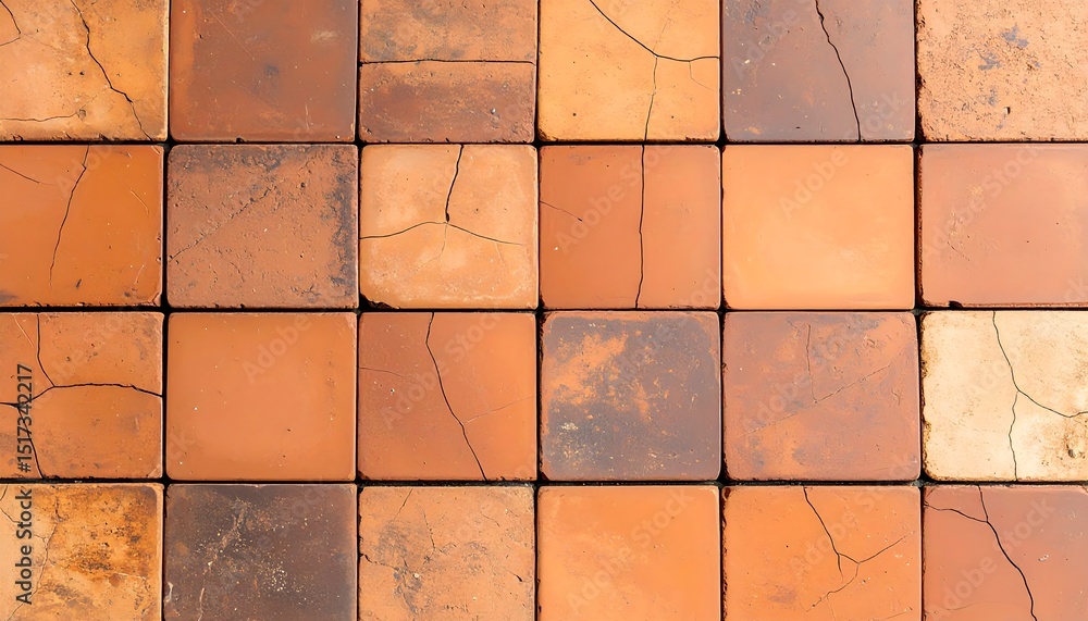 Naklejka premium Rustic cracked terracotta tiles in a square pattern with weathered texture