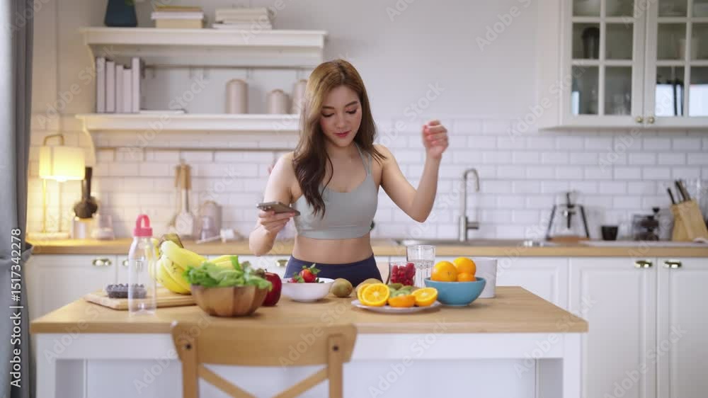Healthy Asian woman in activewear prepares a fresh fruit drink, slicing fruit and blending a protein shake in her modern pantry kitchen at home, promoting wellness and fit lifestyle. Healthy Asian woman in activewear prepares a fresh fruit drink, slicing fruit and blending a protein shake in her modern pantry kitchen at home, promoting wellness and fit lifestyle.