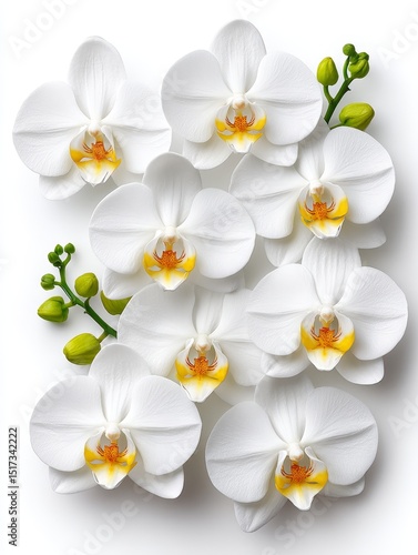Elegant White Orchids Blossom - Close-up of eight pristine white orchids, their yellow centers vibrant against the petals, arranged artfully