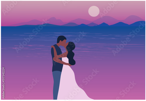 Loving couple kissing on beach, love, valentine and wedding concept