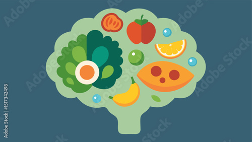 Healthy Brain A brain graphic filled with images of superfoods avocado broccoli salmon representing the impact of nutrition on mental health.