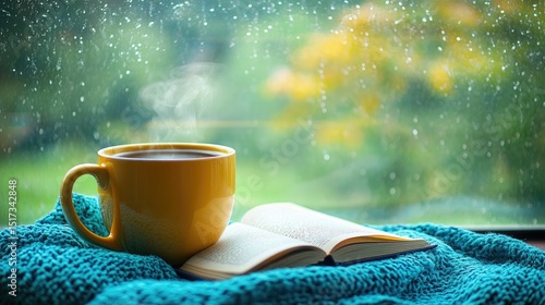 A steaming mug of coffee rests on a windowsill, beside an open book, during a rainy day.