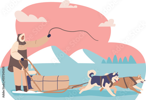 Eskimo hunter riding dogs sleigh