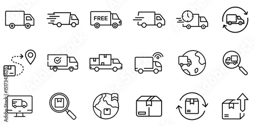 Delivery and Logistics Icons Set Featuring Trucks, Shipping, Tracking, and Parcel Management Symbols
