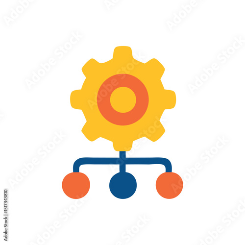 Yellow gear connected to three circles, representing interconnected system or teamwork. Suitable for tech, engineering or business concepts.