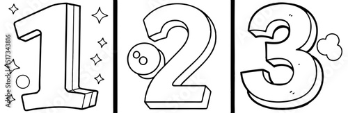 Bold Numbers 1 2 3 with Decorative Stars and Moon Outline for Coloring Book Pages