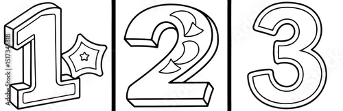 Bold Numbers 1 2 3 with Decorative Stars and Moon Outline for Coloring Book Pages