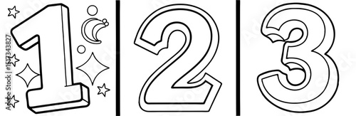 Bold Numbers 1 2 3 with Decorative Stars and Moon Outline for Coloring Book Pages