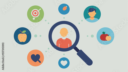 Health Analytics A magnifying glass hovering over a group of various healthrelated icons dealing with topics like nutrition exercise and mental health.