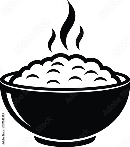 Illustration of a bowl of hot rice with steam emanating from the dish depicting freshly cooked food