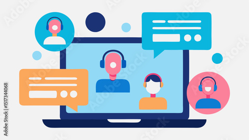 Customer Support Dashboard An illustration of a customer support dashboard on a laptop featuring multiple chat windows where virtual assistants assist different customers