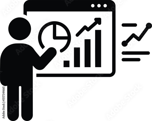 Business presentation icon depicting a person explaining growth charts and graphs on a digital screen