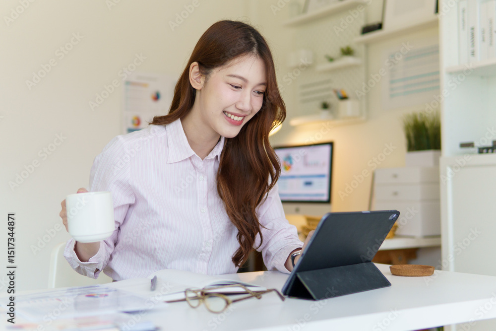 Young businesswoman working on a digital tablet while enjoying a cup of coffee in a bright, modern office. Young businesswoman working on a digital tablet while enjoying a cup of coffee in a bright, modern office.