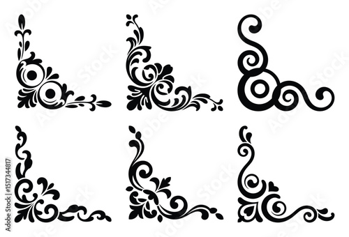 Six elegant black floral corner ornaments