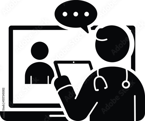 Telehealth consultation vector illustration depicting doctor patient communication using laptop and tablet devices in digital healthcare