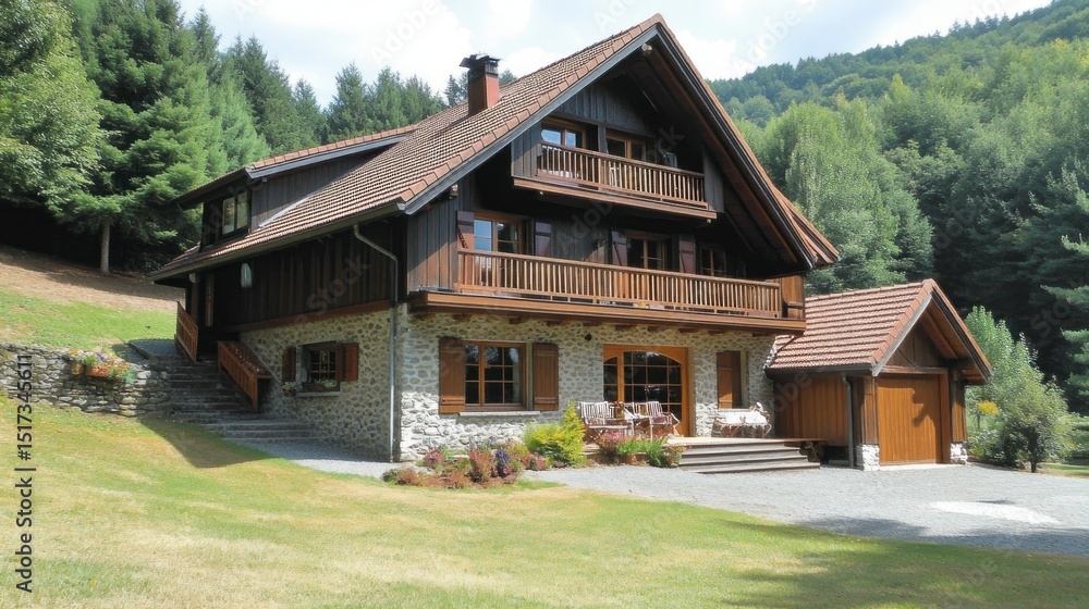 Charming Stone and Wood Chalet in Mountain Landscape Charming Stone and Wood Chalet in Mountain Landscape