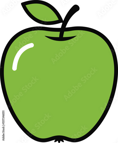 Cartoon green apple with black outline and stem illustration for food and health concepts simple and eye catching vector design