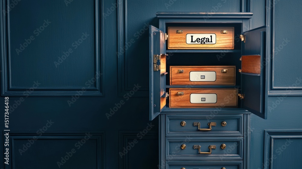 Elegant blue legal safe with multiple drawers and open compartments in a sophisticated law office or courtroom setting for secure document storage and legal proceedings Elegant blue legal safe with multiple drawers and open compartments in a sophisticated law office or courtroom setting for secure document storage and legal proceedings