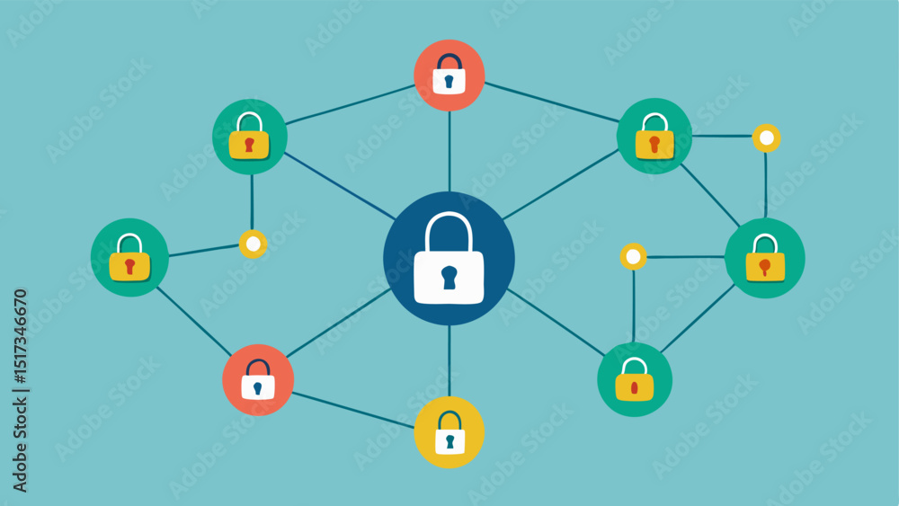 A network diagram displaying multiple nodes representing voters connecting to a secure central blockchain node with padlocks for security. A network diagram displaying multiple nodes representing voters connecting to a secure central blockchain node with padlocks for security.