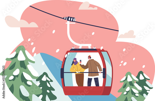 Couple traveling by cable car vector illustration