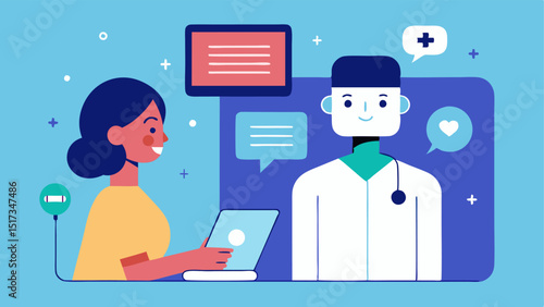 AIPowered Medical Consultation A virtual assistant on a tablet showing a patient discussing symptoms with an AI avatar that provides recommendations and possible care paths.