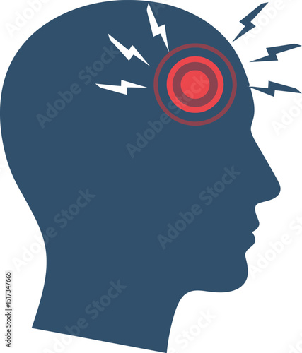 A visual representation of headache pain in a silhouette of a human head with red circles and lightning bolt symbols
