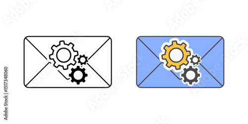 Envelope with gear icon in outline and color styles, vector graphic representing email settings, support mail configuration, or technical message assistance.