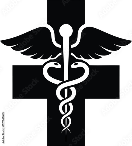 Medical symbol caduceus and cross in black and white illustration representing healthcare pharmacy and medicine