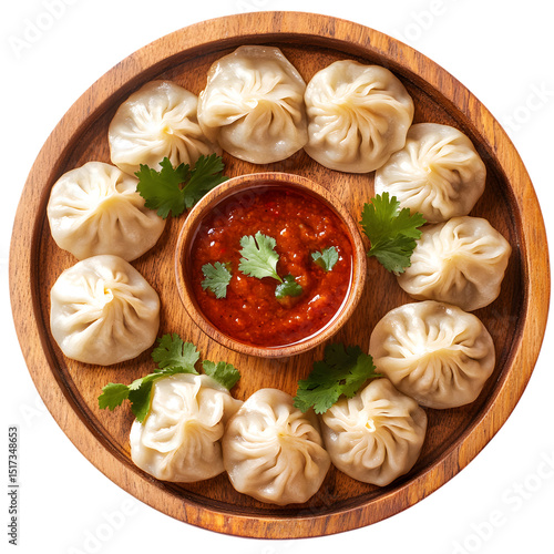 Delicious steamed momos with spicy sauce isolated on transparent background