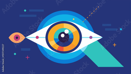 Iris Recognition An eye with a vibrant detailed iris being scanned by a hightech device. The device emits light beams towards the eye with abstract geometric shapes in the