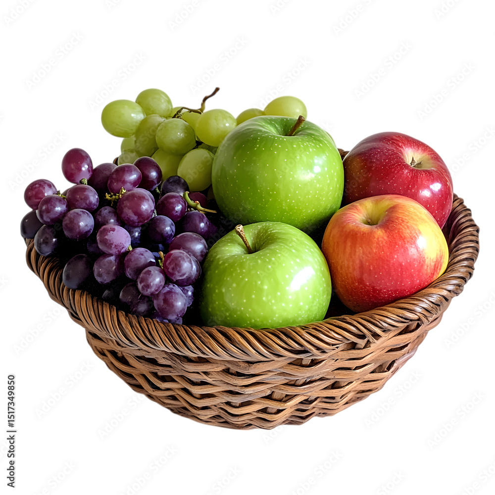Wicker basket of apples and grapes isolated on transparent background Wicker basket of apples and grapes isolated on transparent background