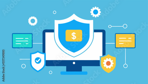 AI Shield A computer screen displaying an AI shield icon surrounded by digital locks and dollar signs symbolizing protection against fraud in financial transactions.