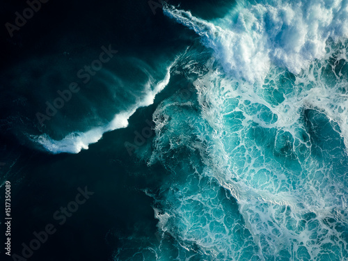 Top down aerial view of moody blue ocean wave