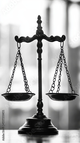 Classic balance scale or weighing scale with empty trays symbolizing justice law and fairness in black and white with blurred background