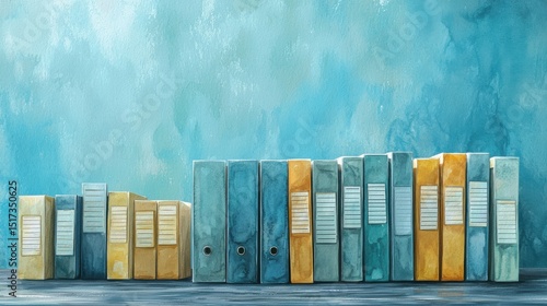 Array of colorful binders and folders arranged on a flat surface with a textured blue background for office organization, filing, and document storage purposes
