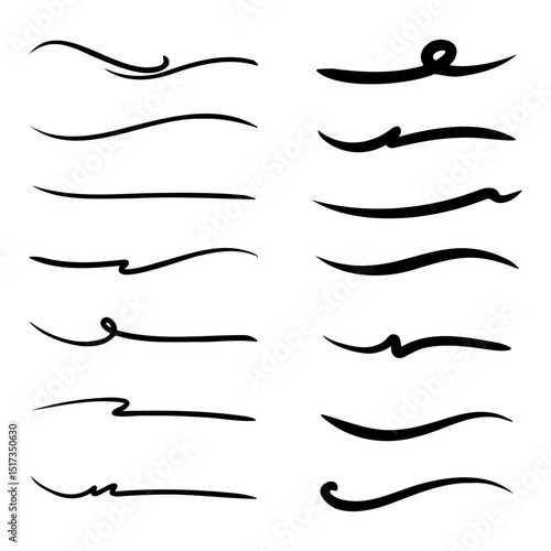 A collection of underlines that vary in shape and different line thicknesses, drawn manually by hand.