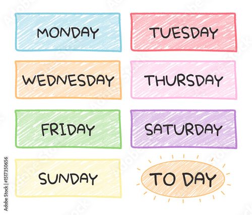 Day of the week illustration colored pencil background set