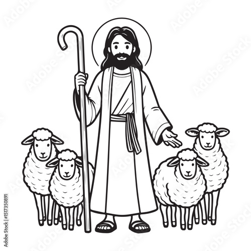 Line art of Jesus,the shepherd and his sheeps cartoon vector