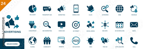 Advertising icon. Containing marketing, data analytics, social media, keywords, conversion. Solid vector icons collection.