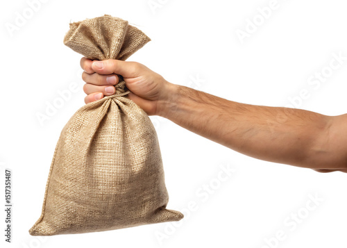 Hand Holding Burlap Sack or Money Bag Isolated on White