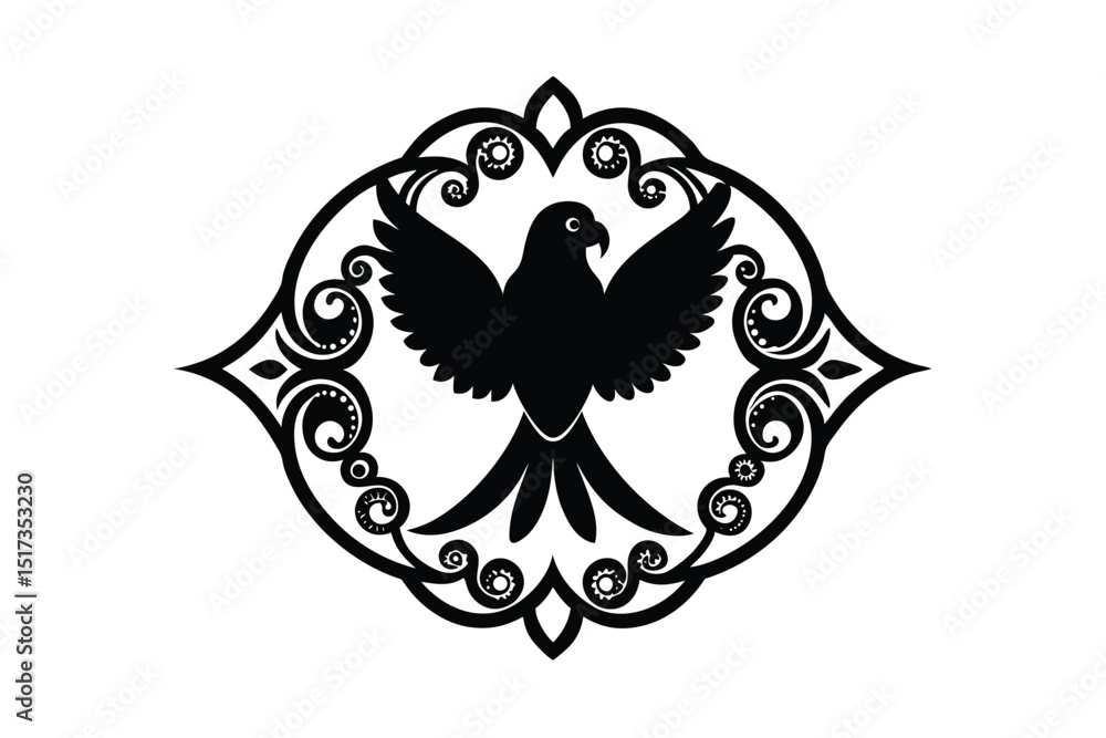 Fototapeta premium Divine parrot symbol in sacred paisley frame vector art illustration