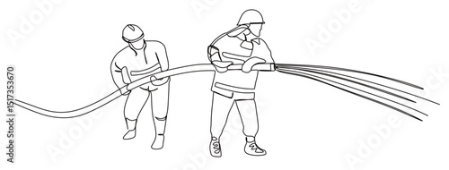 continuous one line art of a firefighter's profession doing his job and spraying water

