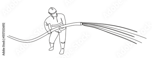 continuous one line art of a firefighter's profession doing his job and spraying water