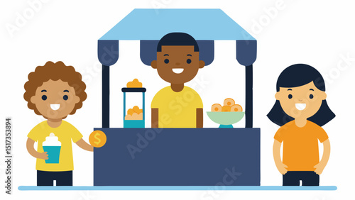 Budding Entrepreneurship Kids setting up a lemonade stand or cookie booth in front of a store with drawn signs indicating special Black Friday offers.