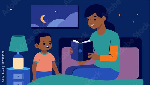 Bedtime Story A parent reading a bedtime story to a child with a smart speaker on the nightstand and the assistant playing soft music or storytelling.